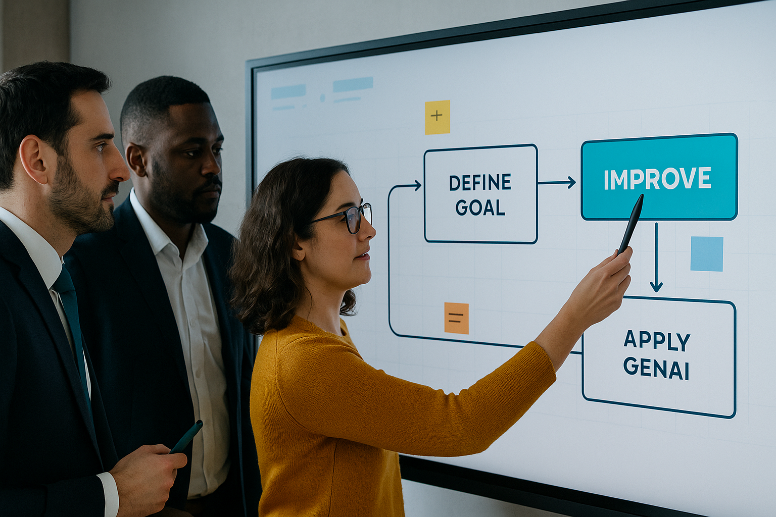 Three people collaborating at a whiteboard on defining goals, improving work and applying GenAI