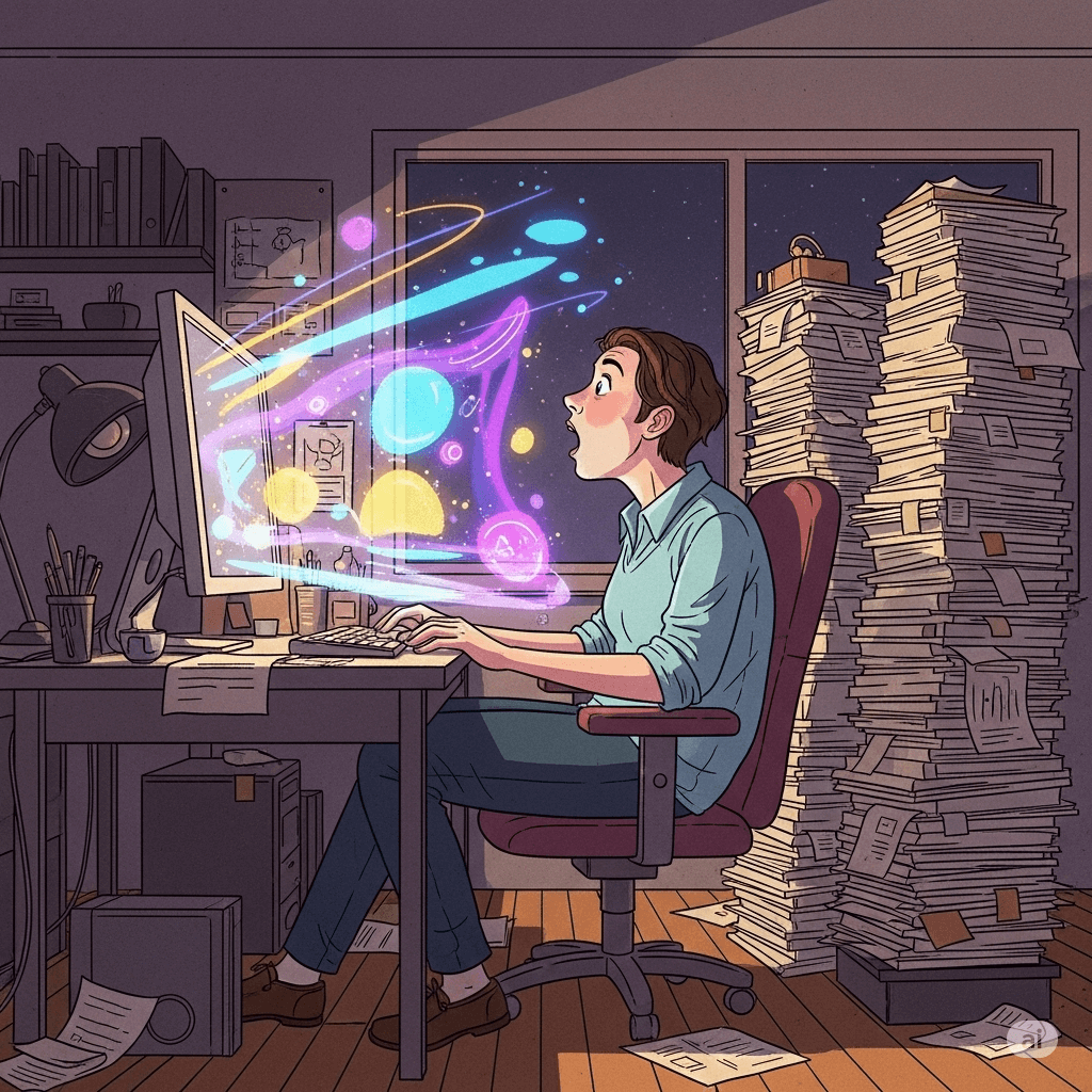 Professional at desk amazed by colourful AI-powered data visualisations replacing piles of paperwork — symbolising the shift from manual work to AI-assisted productivity.