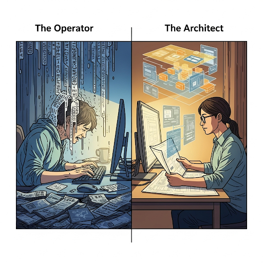 The Operator vs The Architect — Two mindsets for AI adoption: chasing outputs versus designing structured, repeatable processes for lasting value.