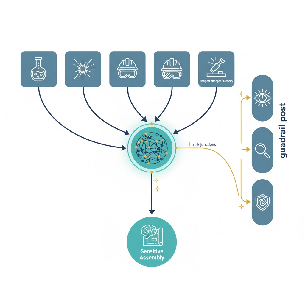 Diagram showing multiple benign-looking queries converging into sensitive knowledge assembly, with risk junctions and guardrail checks.